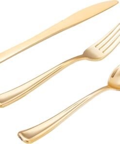 300 Pieces Gold Plastic Silverware - Heavy Duty Disposable Gold Cutlery Set Plastic Gold Silverware Set Plastic Includes 100 Forks, 100 Spoons, 100 Knives for Party