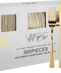 300 Pieces Gold Plastic Silverware - Heavy Duty Disposable Gold Cutlery Set Plastic Gold Silverware Set Plastic Includes 100 Forks, 100 Spoons, 100 Knives for Party