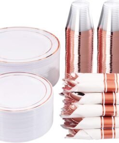 350-Piece Gold Disposable Plates and Cutlery Set - Premium 10.25" Dinner Plates, 7.5" Dessert Plates, 9oz Cups & Cutlery for Weddings, Catering Events - 50 Guest Service - Elegant & Sturdy