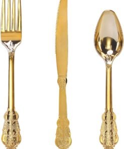 300 Pieces Gold Plastic Silverware - Heavy Duty Disposable Gold Cutlery Set Plastic Gold Silverware Set Plastic Includes 100 Forks, 100 Spoons, 100 Knives for Party