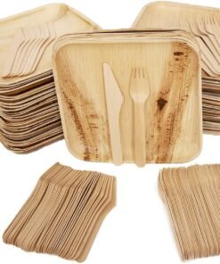 10" Compostable Disposable Palm Leaf Plates Square [50 count] + Fork[50]+Knife[50] Heavy Duty Eco Plates And Cutlery Wood Plates Disposable