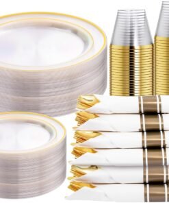 350-Piece Gold Disposable Plates and Cutlery Set - Premium 10.25" Dinner Plates, 7.5" Dessert Plates, 9oz Cups & Cutlery for Weddings, Catering Events - 50 Guest Service - Elegant & Sturdy