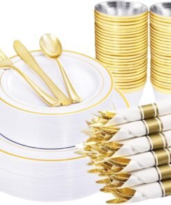 350-Piece Gold Disposable Plates and Cutlery Set - Premium 10.25" Dinner Plates, 7.5" Dessert Plates, 9oz Cups & Cutlery for Weddings, Catering Events - 50 Guest Service - Elegant & Sturdy