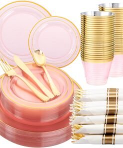 350-Piece Gold Disposable Plates and Cutlery Set - Premium 10.25" Dinner Plates, 7.5" Dessert Plates, 9oz Cups & Cutlery for Weddings, Catering Events - 50 Guest Service - Elegant & Sturdy