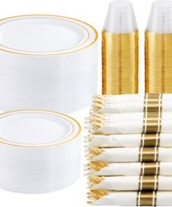 350-Piece Gold Disposable Plates and Cutlery Set - Premium 10.25" Dinner Plates, 7.5" Dessert Plates, 9oz Cups & Cutlery for Weddings, Catering Events - 50 Guest Service - Elegant & Sturdy