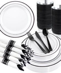 350-Piece Gold Disposable Plates and Cutlery Set - Premium 10.25" Dinner Plates, 7.5" Dessert Plates, 9oz Cups & Cutlery for Weddings, Catering Events - 50 Guest Service - Elegant & Sturdy