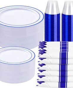350-Piece Gold Disposable Plates and Cutlery Set - Premium 10.25" Dinner Plates, 7.5" Dessert Plates, 9oz Cups & Cutlery for Weddings, Catering Events - 50 Guest Service - Elegant & Sturdy