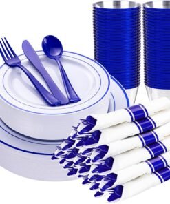 350-Piece Gold Disposable Plates and Cutlery Set - Premium 10.25" Dinner Plates, 7.5" Dessert Plates, 9oz Cups & Cutlery for Weddings, Catering Events - 50 Guest Service - Elegant & Sturdy