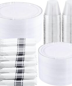 350-Piece Gold Disposable Plates and Cutlery Set - Premium 10.25" Dinner Plates, 7.5" Dessert Plates, 9oz Cups & Cutlery for Weddings, Catering Events - 50 Guest Service - Elegant & Sturdy