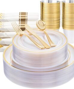350-Piece Gold Disposable Plates and Cutlery Set - Premium 10.25" Dinner Plates, 7.5" Dessert Plates, 9oz Cups & Cutlery for Weddings, Catering Events - 50 Guest Service - Elegant & Sturdy