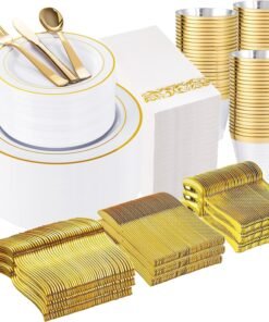 350-Piece Gold Disposable Plates and Cutlery Set - Premium 10.25" Dinner Plates, 7.5" Dessert Plates, 9oz Cups & Cutlery for Weddings, Catering Events - 50 Guest Service - Elegant & Sturdy