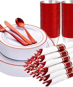 350-Piece Gold Disposable Plates and Cutlery Set - Premium 10.25" Dinner Plates, 7.5" Dessert Plates, 9oz Cups & Cutlery for Weddings, Catering Events - 50 Guest Service - Elegant & Sturdy