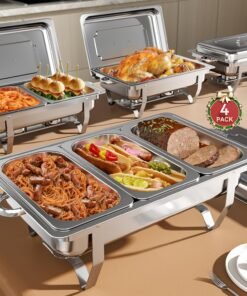 Chafing Dish Buffet Set, 9QT High Grade Chafing Dishes for Buffet, Chafers and Buffet Warmers Sets for Birthday, Wedding, Rolled-Edge Design with Silver, 4 Pack, 7 Pans