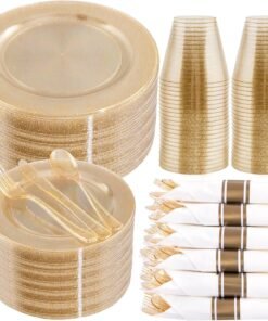350-Piece Gold Disposable Plates and Cutlery Set - Premium 10.25" Dinner Plates, 7.5" Dessert Plates, 9oz Cups & Cutlery for Weddings, Catering Events - 50 Guest Service - Elegant & Sturdy